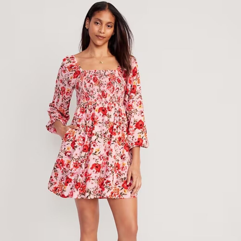 Old Navy Fit & Flare Long-Sleeve Mini Dress - Pink Floral